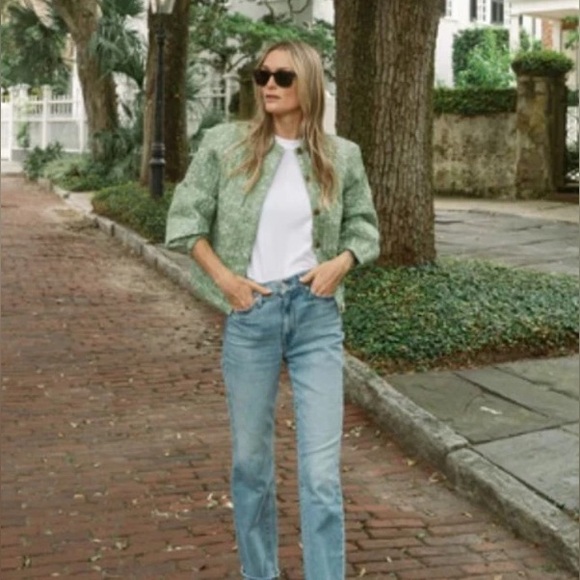 Julia Amory Jackets & Blazers - AERIN x Julia Amory Devon Quilted Ikat Jacket 100% Cotton Green Floral Size L